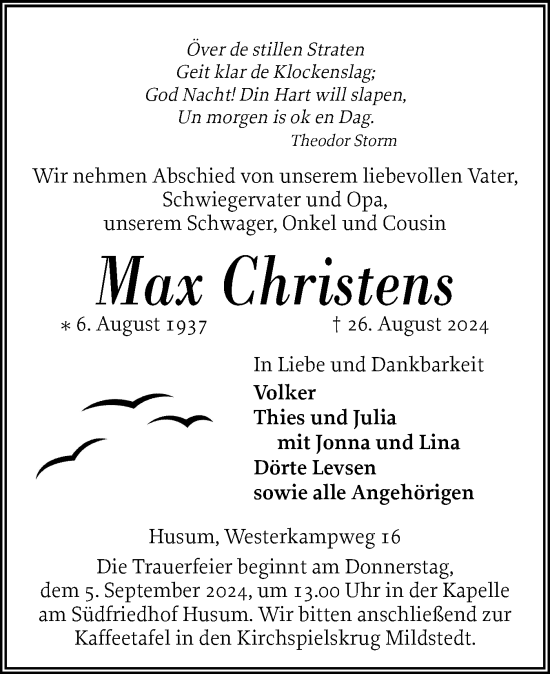 Traueranzeige von Max Christens von Husumer Nachrichten, Nordfriesland Tageblatt