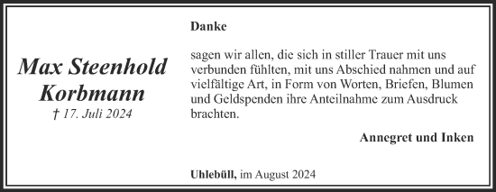 Traueranzeige von Max Steenhold Korbmann von Husumer Nachrichten, Nordfriesland Tageblatt