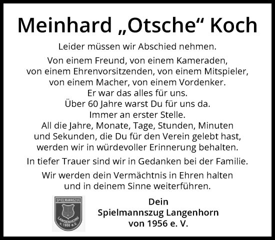 Traueranzeige von Meinhard Koch von Husumer Nachrichten, Nordfriesland Tageblatt