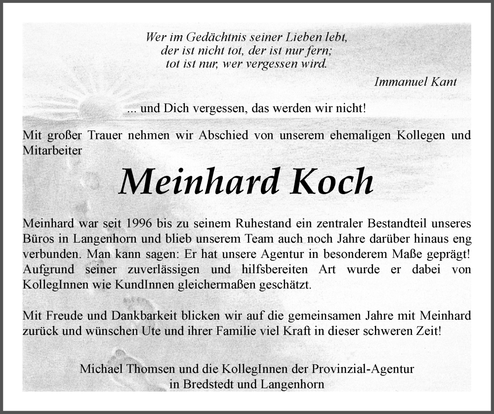  Traueranzeige für Meinhard Koch vom 30.08.2024 aus Husumer Nachrichten, Nordfriesland Tageblatt