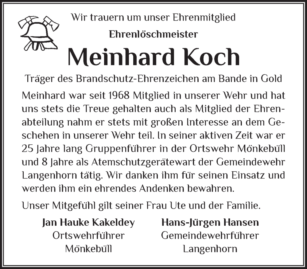  Traueranzeige für Meinhard Koch vom 30.08.2024 aus Husumer Nachrichten, Nordfriesland Tageblatt