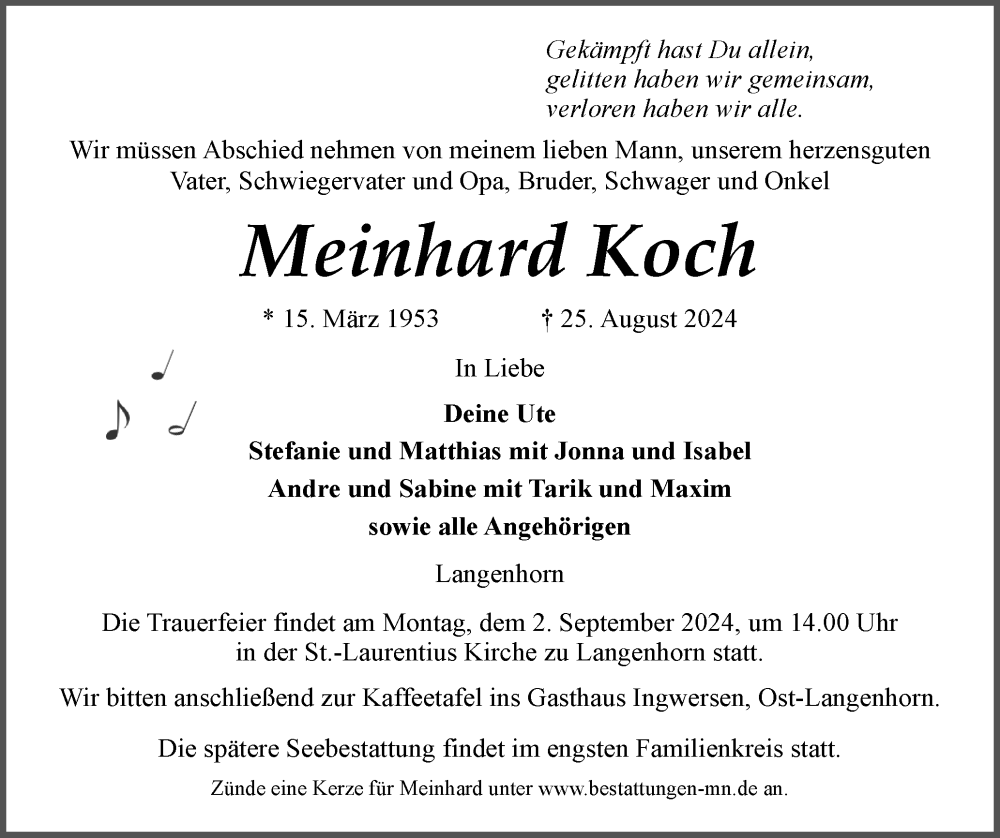  Traueranzeige für Meinhard Koch vom 28.08.2024 aus Husumer Nachrichten, Nordfriesland Tageblatt