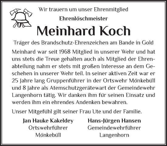 Traueranzeige von Meinhard Koch von Husumer Nachrichten, Nordfriesland Tageblatt