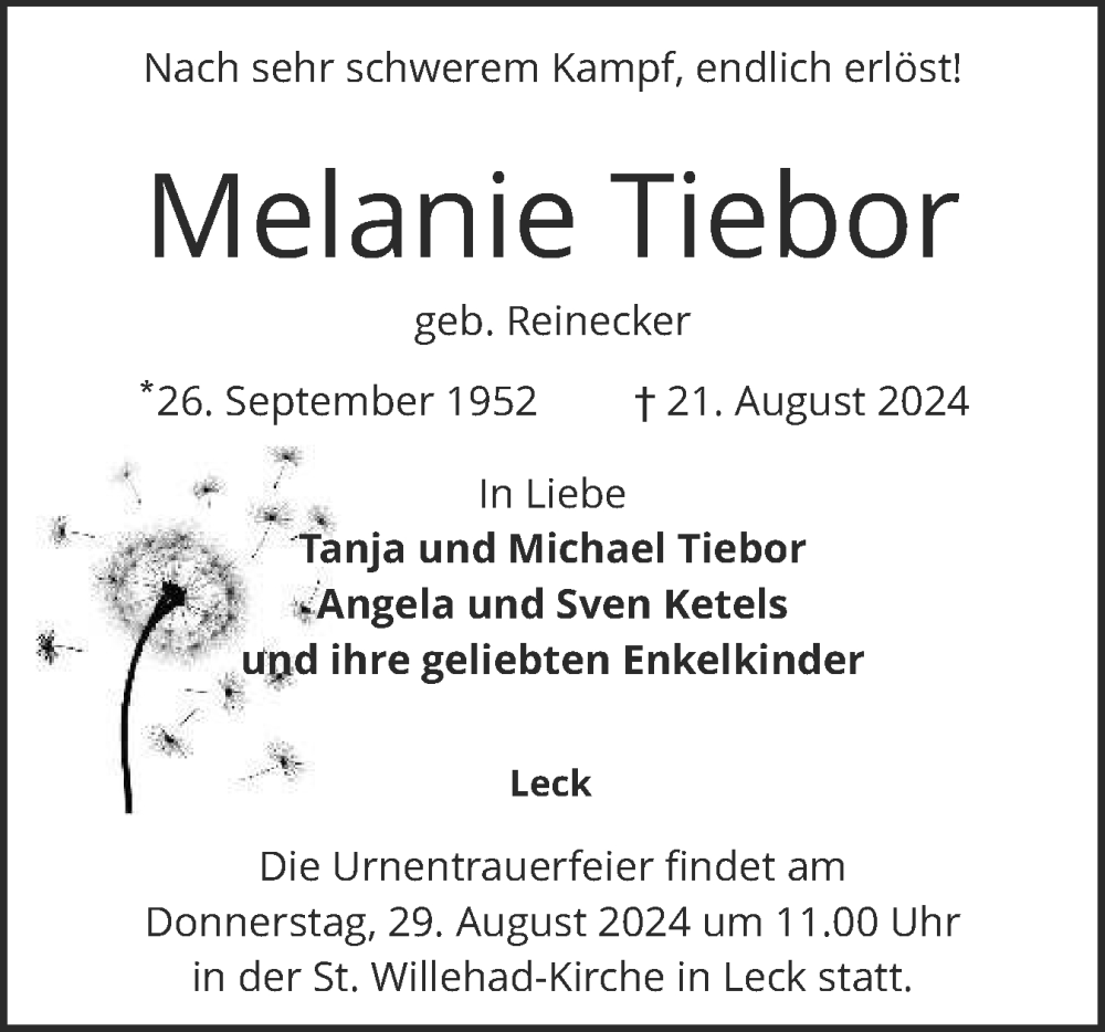  Traueranzeige für Melanie Tiebor vom 24.08.2024 aus Husumer Nachrichten, Nordfriesland Tageblatt