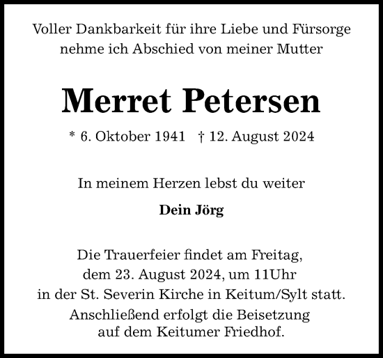 Traueranzeige von Merret Petersen von Sylter Rundschau