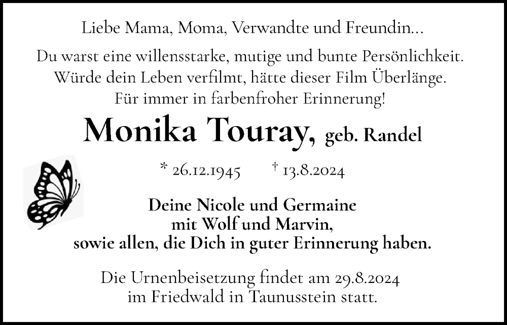  Traueranzeige für Monika Touray vom 24.08.2024 aus Der Insel-Bote