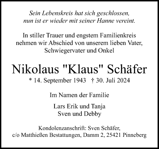 Traueranzeige von Nikolaus  Schäfer von Schleswiger Nachrichten, Schlei-Bote