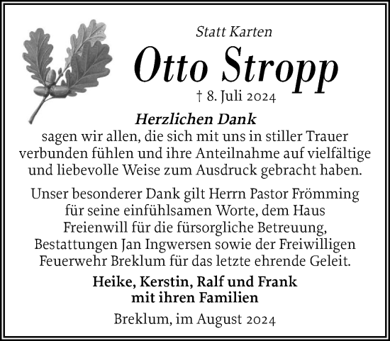 Traueranzeige von Otto Stropp von Husumer Nachrichten, Nordfriesland Tageblatt