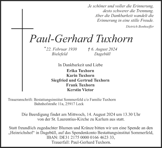 Traueranzeige von Paul-Gerhard Tuxhorn von Husumer Nachrichten, Nordfriesland Tageblatt