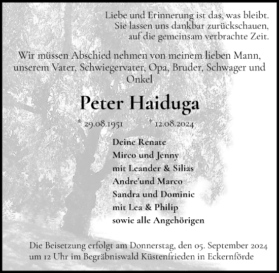 Traueranzeige von Peter Haiduga von Eckernförder Zeitung, Hallo Eckernförde