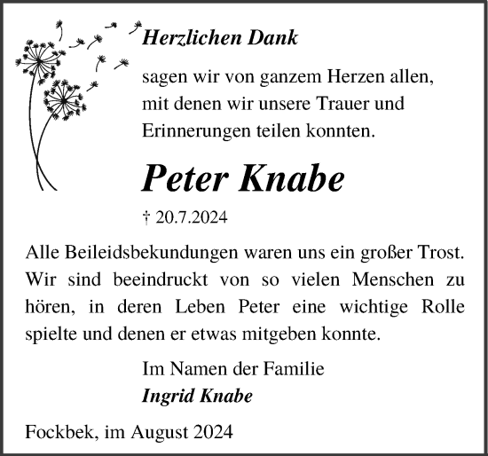 Traueranzeige von Peter Knabe von Schleswig-Holsteinische Landeszeitung