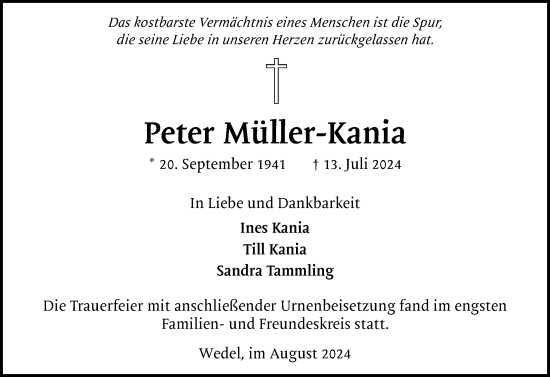 Traueranzeige von Peter Müller-Kania von Wedel-Schulauer Tageblatt, tip Wedel-Schulauer Tageblatt, tip Rissener Rundschau