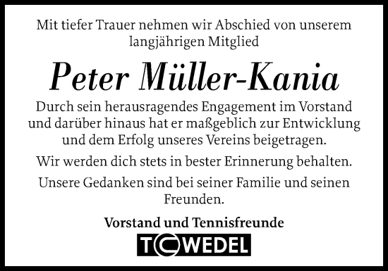 Traueranzeige von Peter Müller-Kania von Wedel-Schulauer Tageblatt, tip Wedel-Schulauer Tageblatt, tip Rissener Rundschau