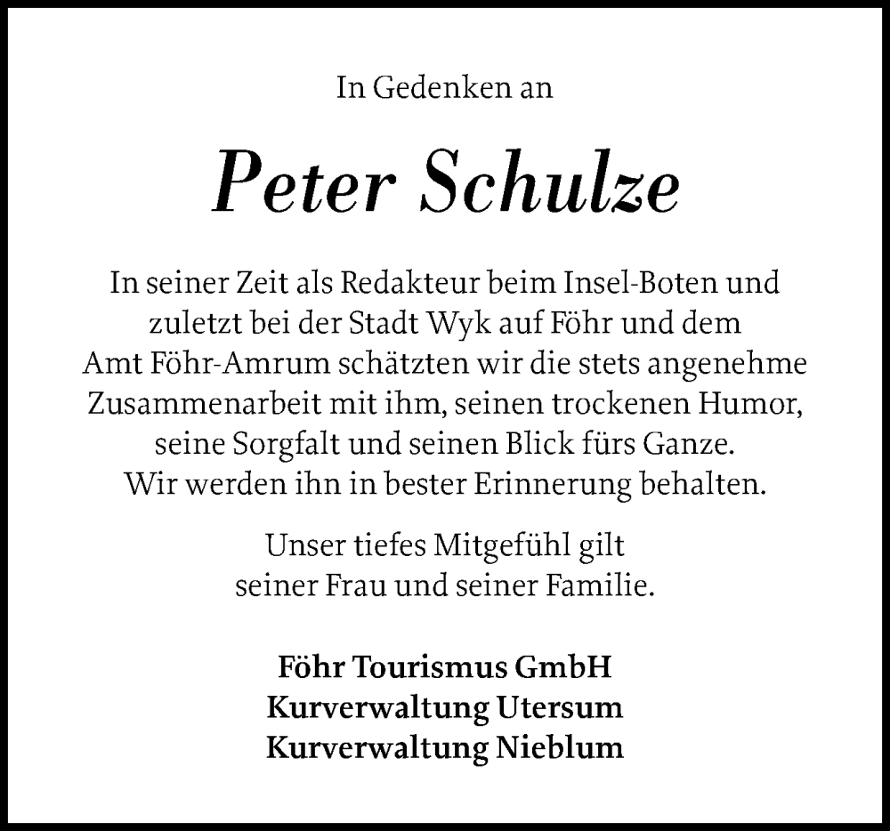  Traueranzeige für Peter Schulze vom 08.08.2024 aus Der Insel-Bote