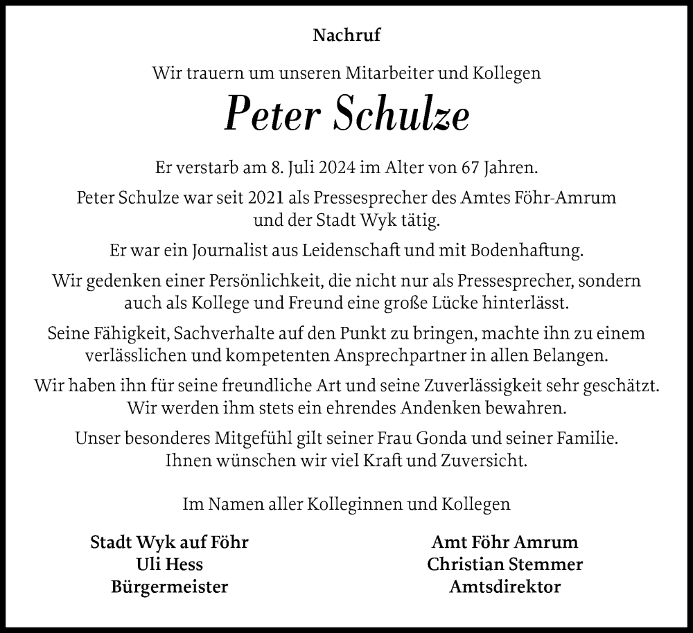  Traueranzeige für Peter Schulze vom 08.08.2024 aus Der Insel-Bote