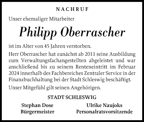 Traueranzeige von Philipp Oberrascher von Schleswiger Nachrichten, Schlei-Bote