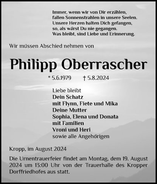 Traueranzeige von Philipp Oberrascher von Schleswiger Nachrichten, Schlei-Bote