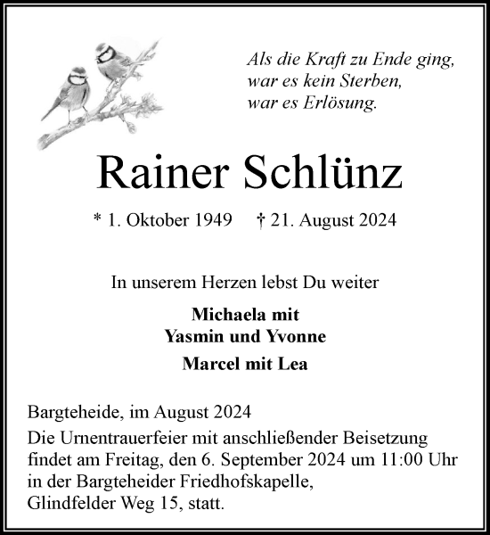 Traueranzeige von Rainer Schlünz von Stormaner Tageblatt