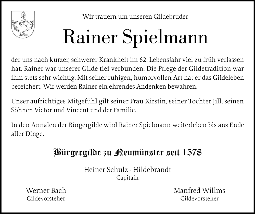  Traueranzeige für Rainer Spielmann vom 17.08.2024 aus Holsteinischer Courier