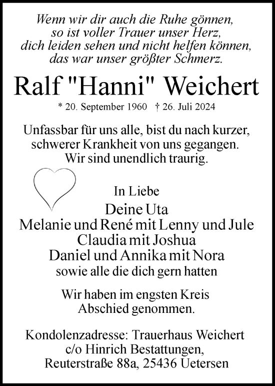 Traueranzeige von Ralf Weichert von Uetersener Nachrichten, Der tip am Wochenende