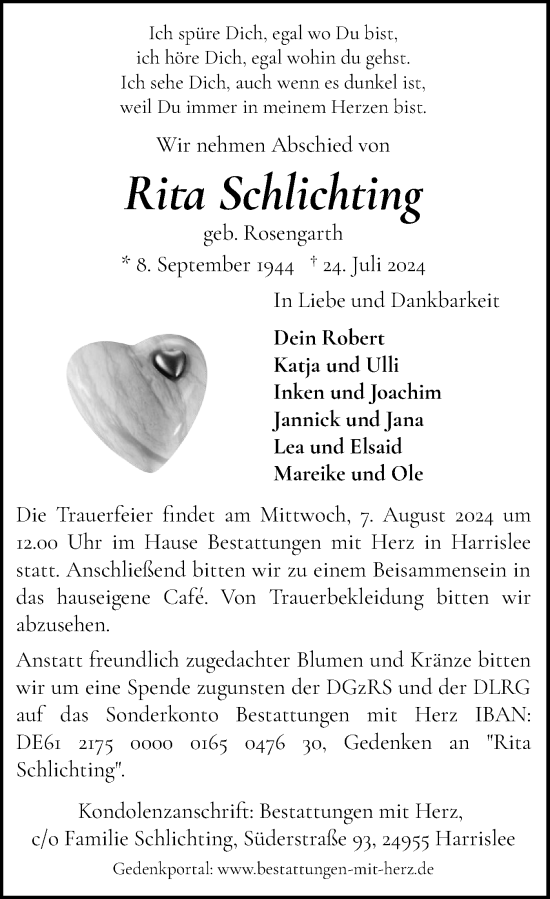 Traueranzeige von Rita Schlichting von Flensburger Tageblatt