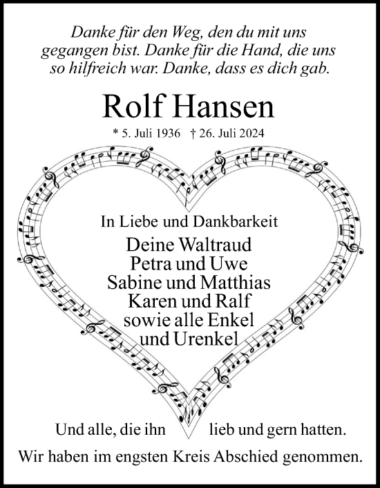 Traueranzeige von Rolf Hansen von Uetersener Nachrichten, Der tip am Wochenende