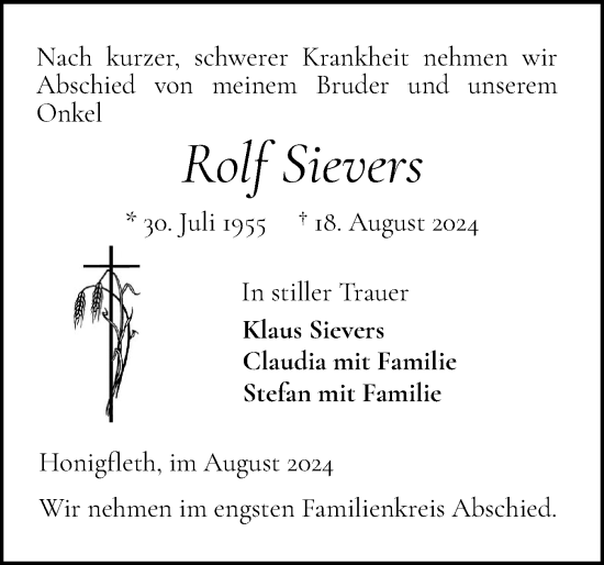 Traueranzeige von Rolf Sievers von Norddeutsche Rundschau, Wilstersche Zeitung, Glückstädter Fortuna