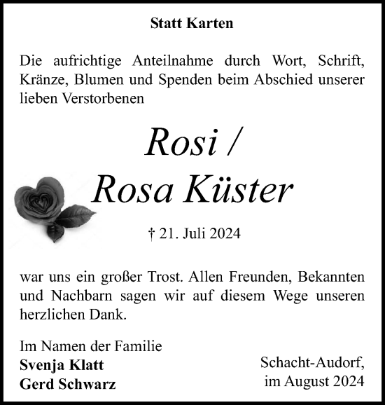 Traueranzeige von Rosa Küster von Schleswig-Holsteinische Landeszeitung