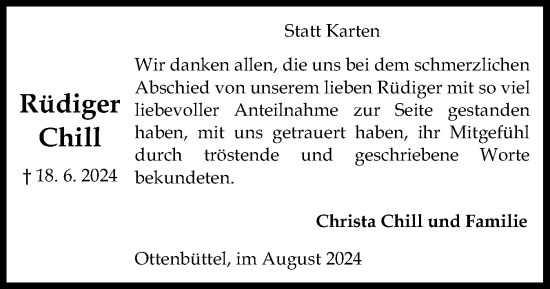 Traueranzeige von Rüdiger Chill von Norddeutsche Rundschau, Wilstersche Zeitung, Glückstädter Fortuna