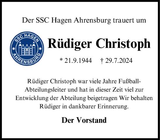 Traueranzeige von Rüdiger Christoph von Stormaner Tageblatt