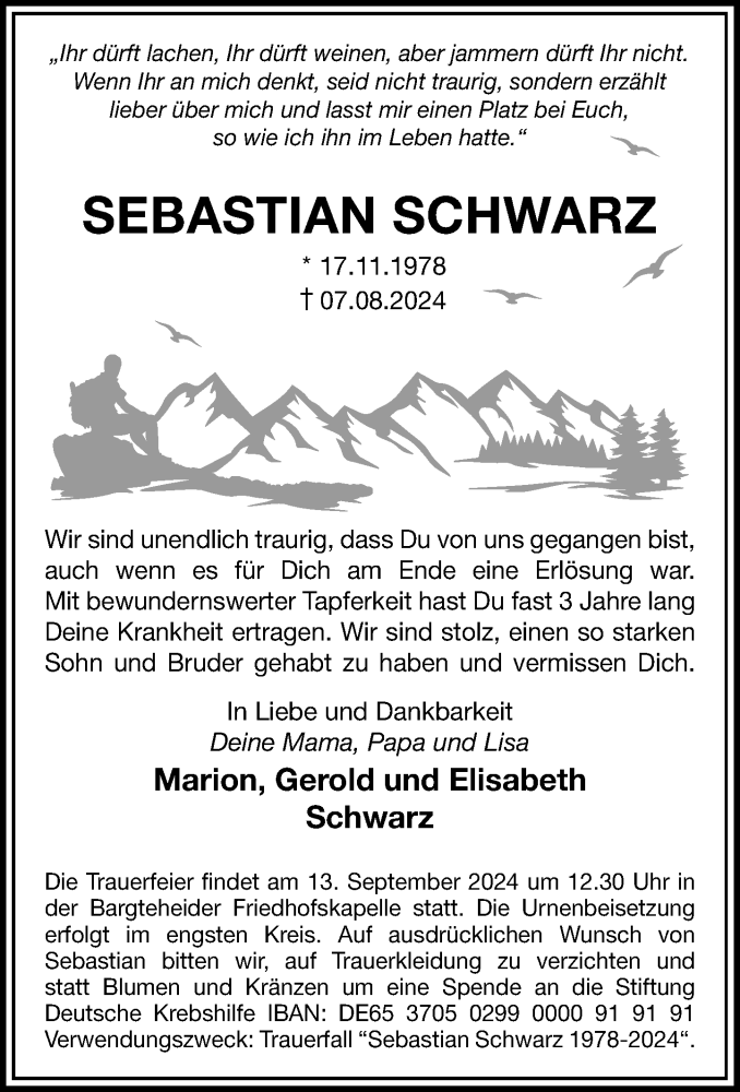  Traueranzeige für Sebastian Schwarz vom 31.08.2024 aus Stormaner Tageblatt