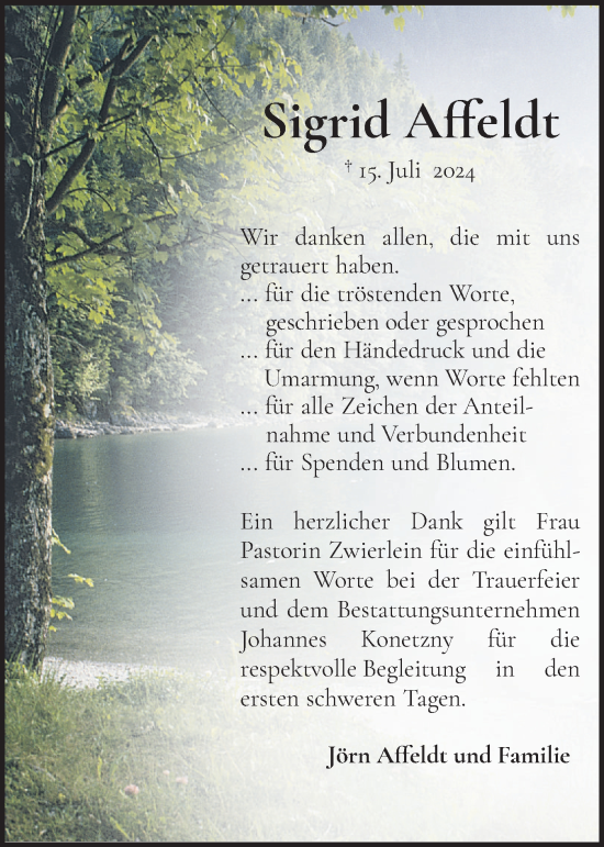 Traueranzeige von Sigrid Affeldt von Region Steinburg-Elmshorn