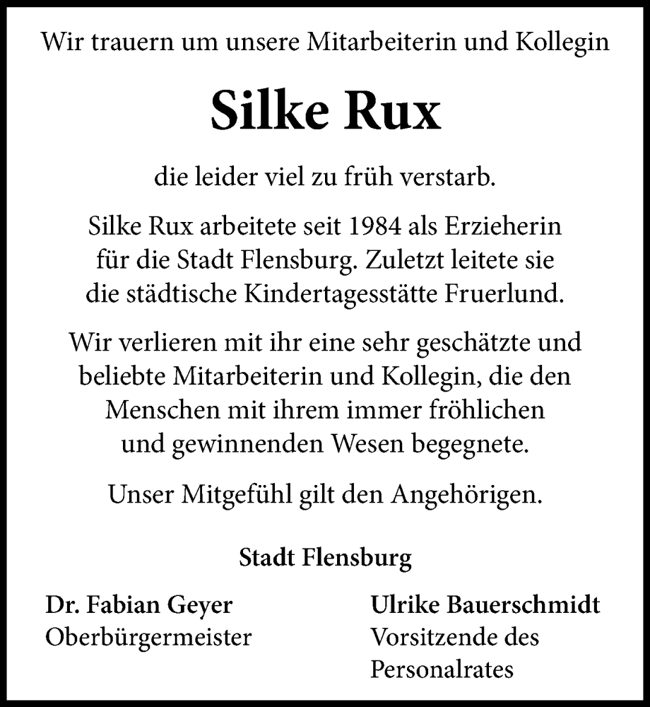  Traueranzeige für Silke Rux vom 31.08.2024 aus Flensburger Tageblatt