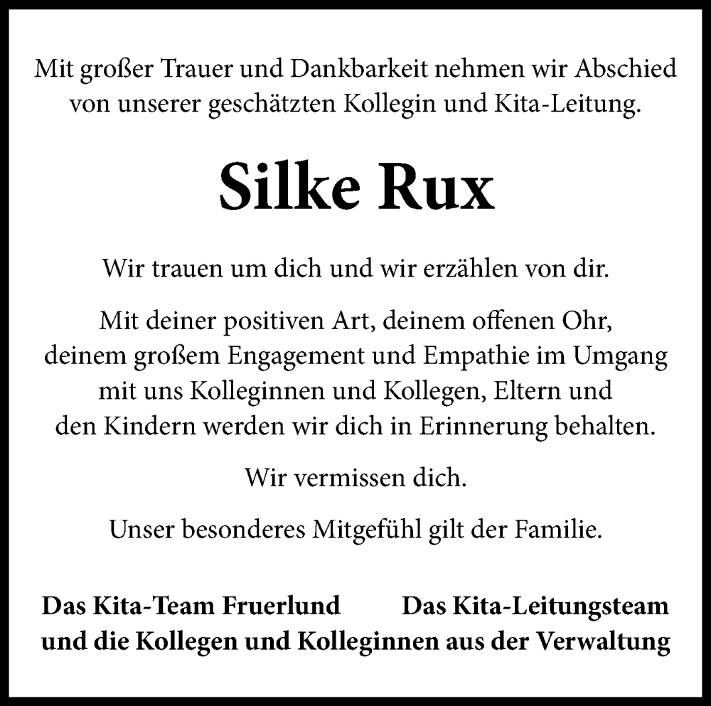  Traueranzeige für Silke Rux vom 31.08.2024 aus Flensburger Tageblatt