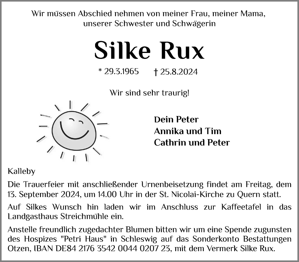  Traueranzeige für Silke Rux vom 31.08.2024 aus Flensburger Tageblatt