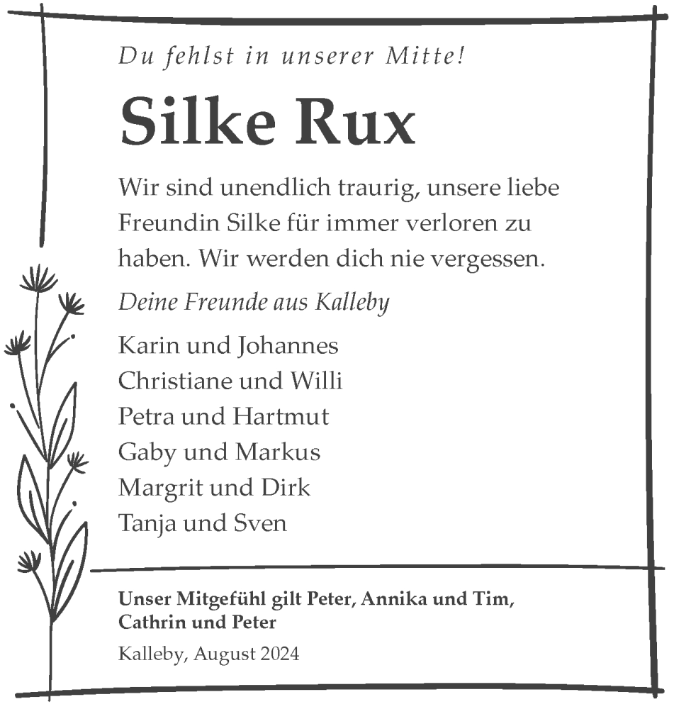  Traueranzeige für Silke Rux vom 31.08.2024 aus Flensburger Tageblatt