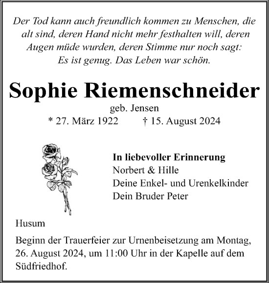 Traueranzeige von Sophie Riemenschneider von Husumer Nachrichten, Nordfriesland Tageblatt