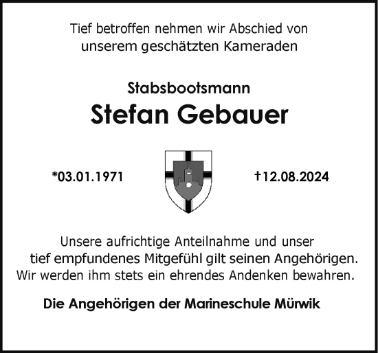 Traueranzeige von Stefan Gebauer von Flensburger Tageblatt