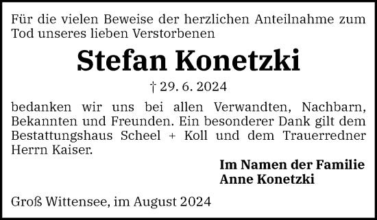 Traueranzeige von Stefan Konetzki von Eckernförder Zeitung, Hallo Eckernförde