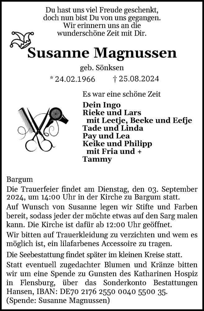  Traueranzeige für Susanne Magnussen vom 31.08.2024 aus Husumer Nachrichten, Nordfriesland Tageblatt