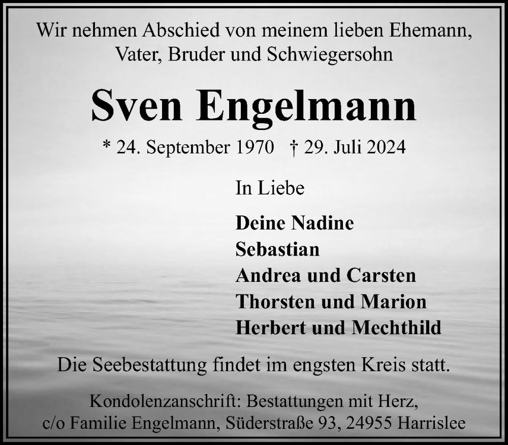  Traueranzeige für Sven Engelmann vom 03.08.2024 aus Region Flensburg