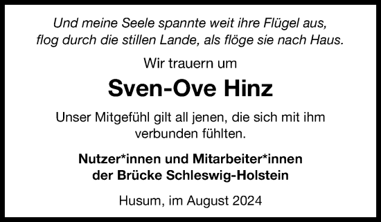 Traueranzeige von Sven-Ove Hinz von Husumer Nachrichten, Nordfriesland Tageblatt