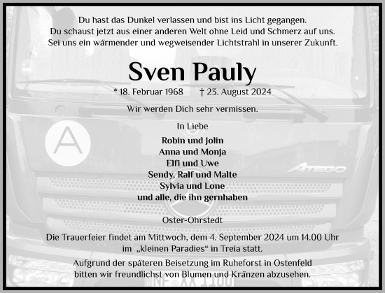 Traueranzeige von Sven Pauly von Husumer Nachrichten, Nordfriesland Tageblatt