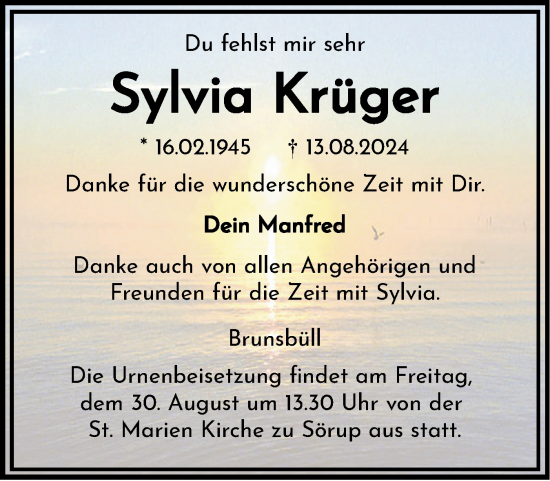 Traueranzeige von Sylvia Krüger von Flensburger Tageblatt