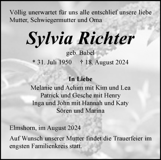 Traueranzeige von Sylvia Richter von Elmshorner Nachrichten, Barmstedter Zeitung