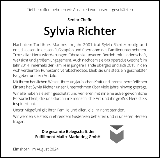 Traueranzeige von Sylvia Richter von Elmshorner Nachrichten, Barmstedter Zeitung