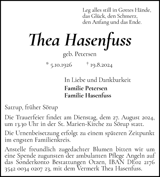 Traueranzeige von Thea Hasenfuss von Flensburger Tageblatt