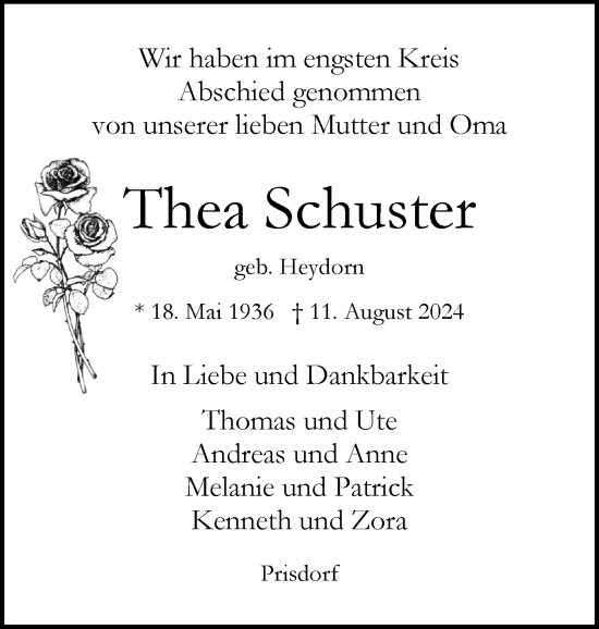 Traueranzeige von Thea Schuster von Region Pinneberg und tip Pinneberg