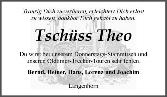 Traueranzeige von Theo  von Husumer Nachrichten, Nordfriesland Tageblatt