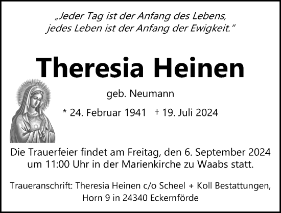 Traueranzeige von Theresia Heinen von Eckernförder Zeitung, Hallo Eckernförde